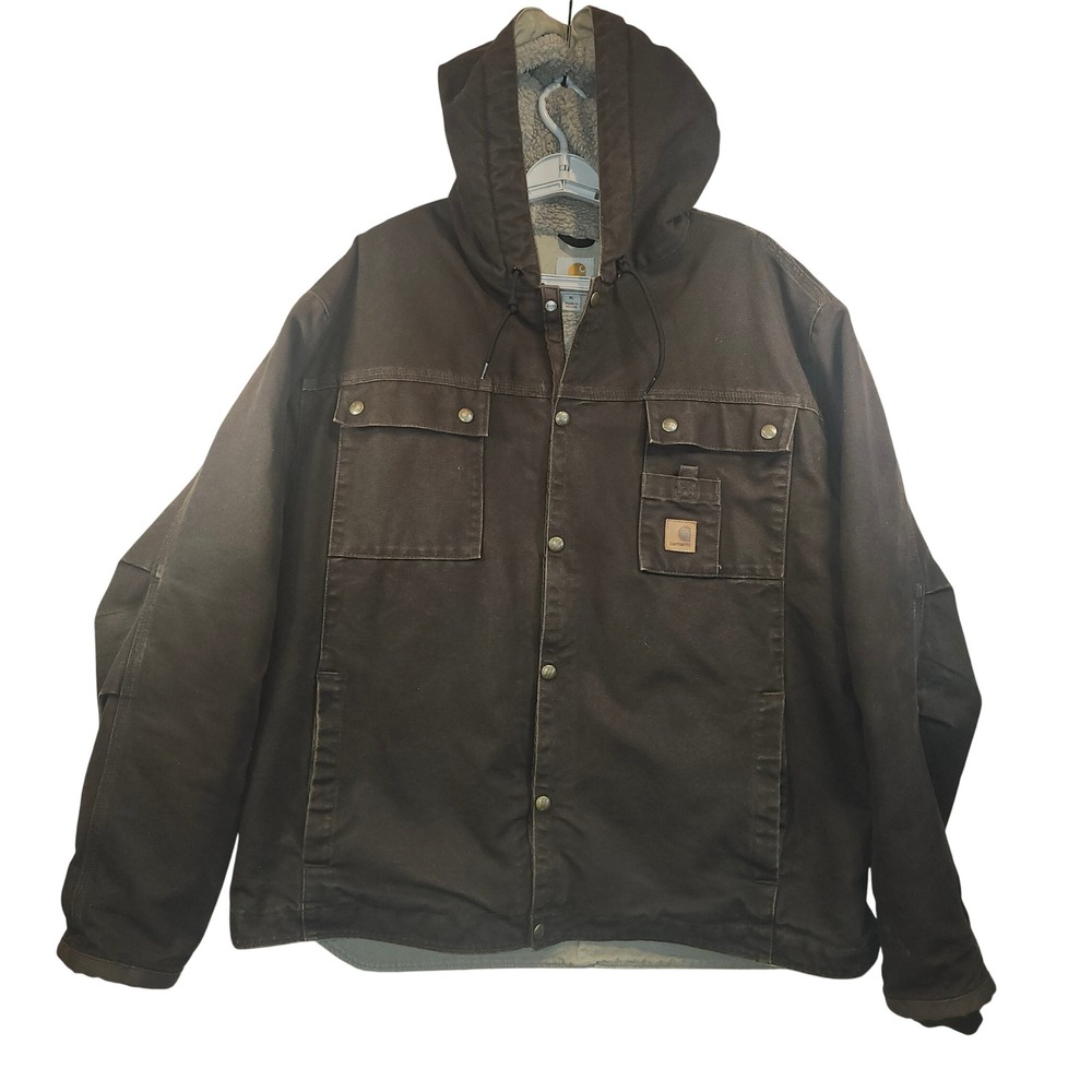VTG Carhartt J284 DKB Mens XL Sherpa Lined Hooded Duck Jacket Dark Brown